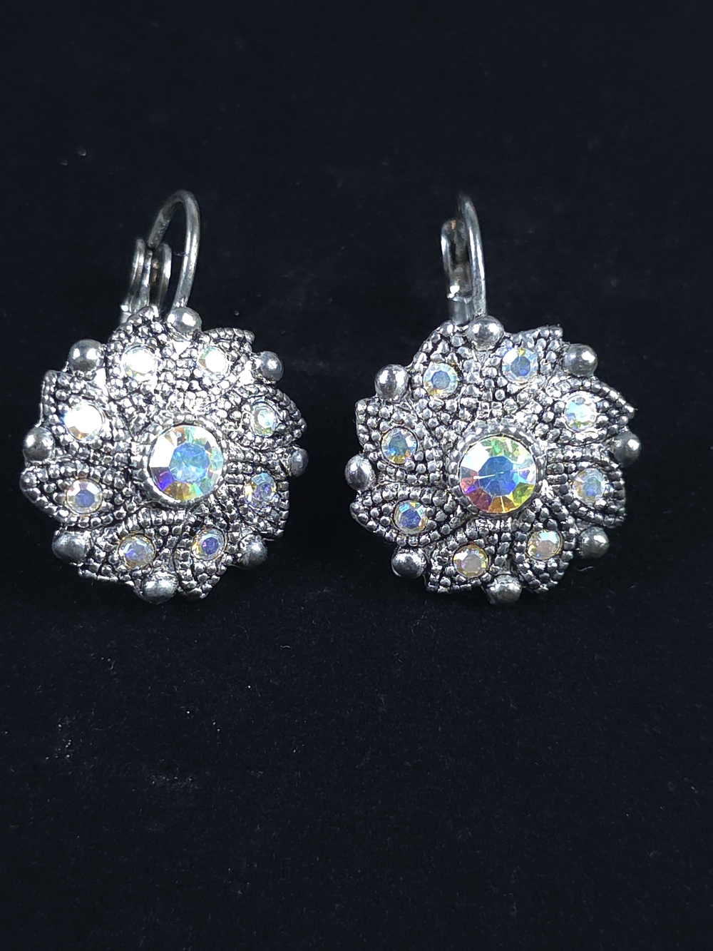 Vintage AB Rhinestone Silver Tone Dangle Earrings Floral Round Sparkle